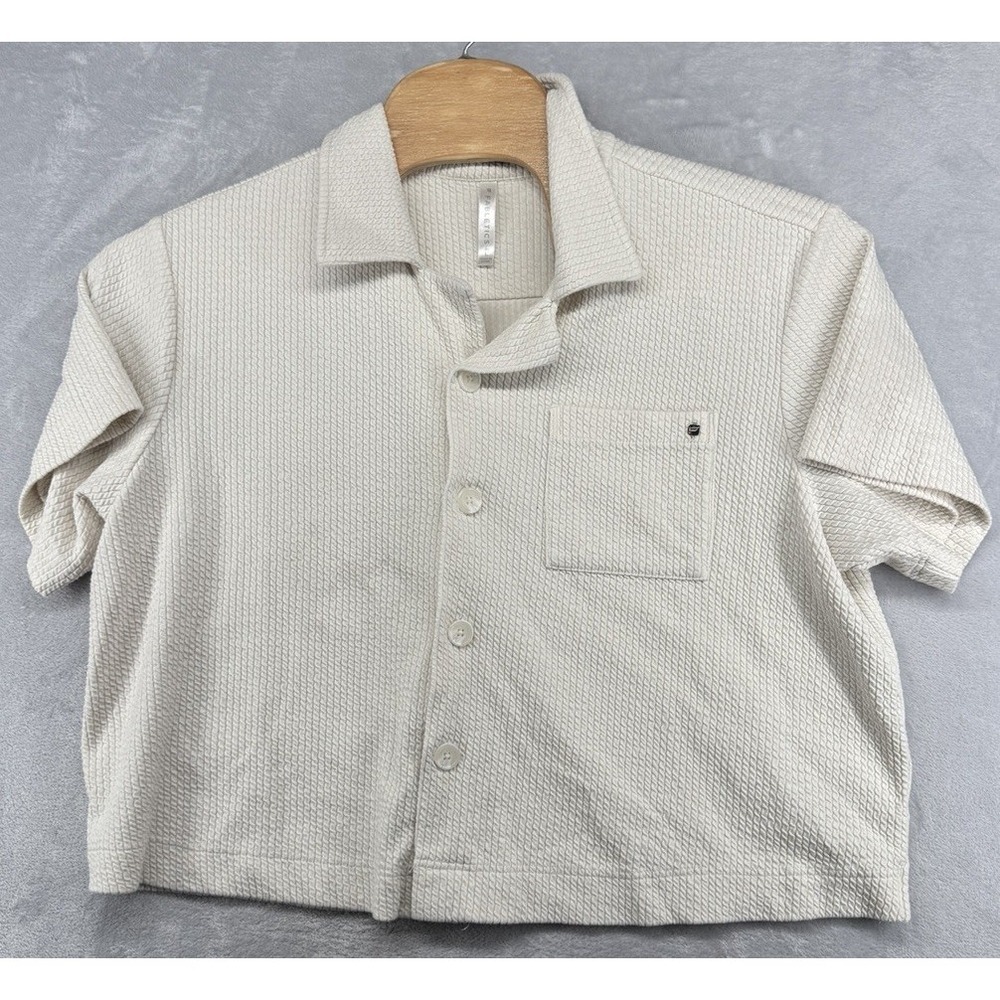Fabletics Crinkle Knit Boxy Button Down Shirt Beige Women's Size‎ L